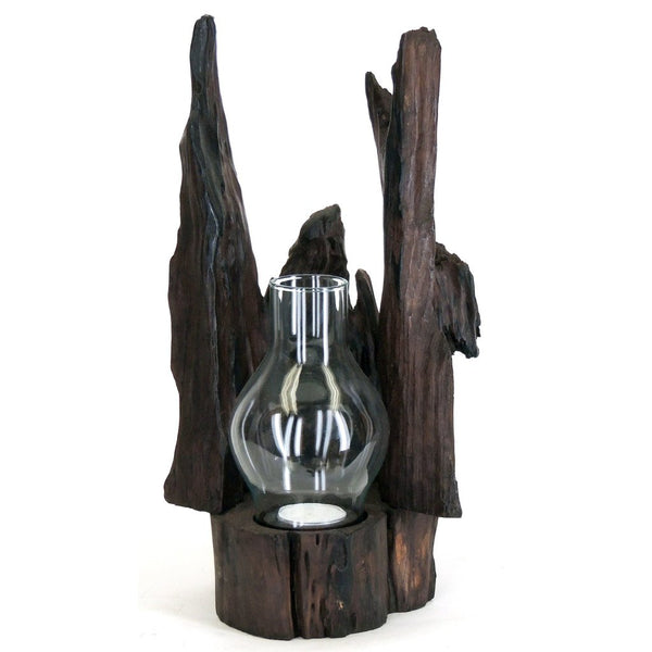 Lamp-teak root candle holder, w/chimney